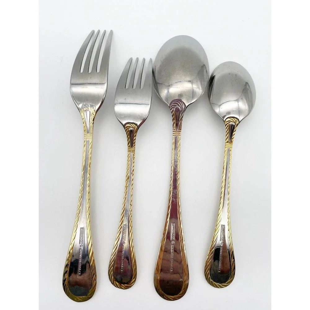 Cambridge CARLYLE‎ GOLD Accent Stainless 18/8 Rope Silverware Flatware Lot Of 4